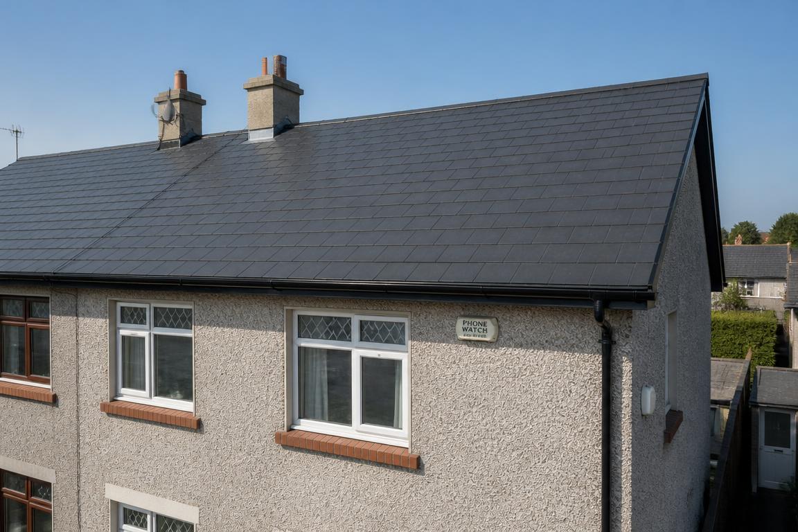 Completed dark slate re-roof with new ridge capping and black guttering