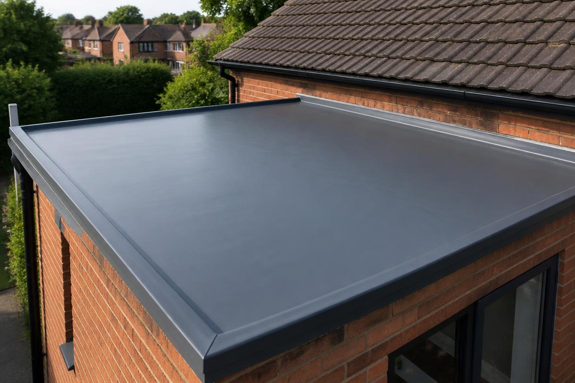 New dark grey seamless flat roof membrane on a house extension
