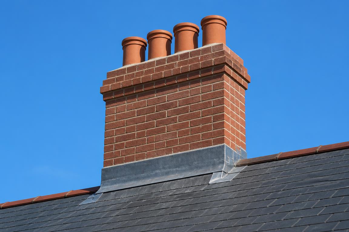 Repointed brick chimney stack with new lead flashing on a slate roof