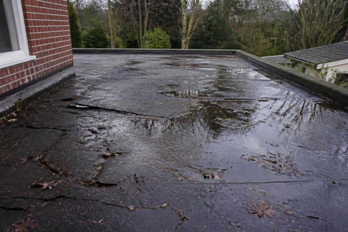 Cracked, blistered flat roof felt with standing water and debris before replacement